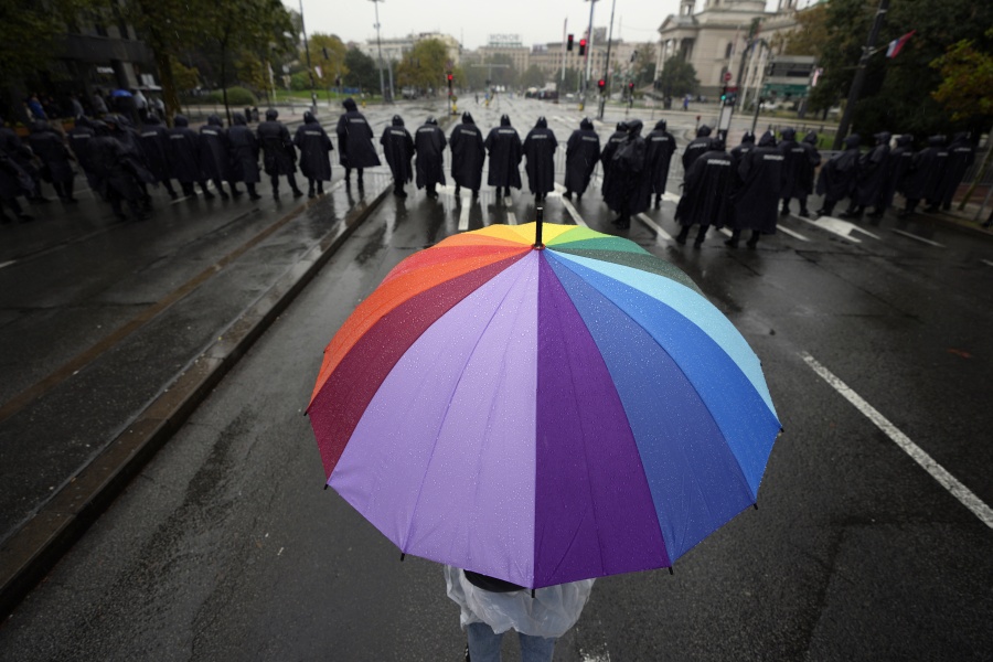 Serbian riot policemen line up to prevent anti-gay protesters from clashing with participants in the European LGBTQ pride march march in Belgrade, Serbia, Saturday, Sept. 17, 2022.