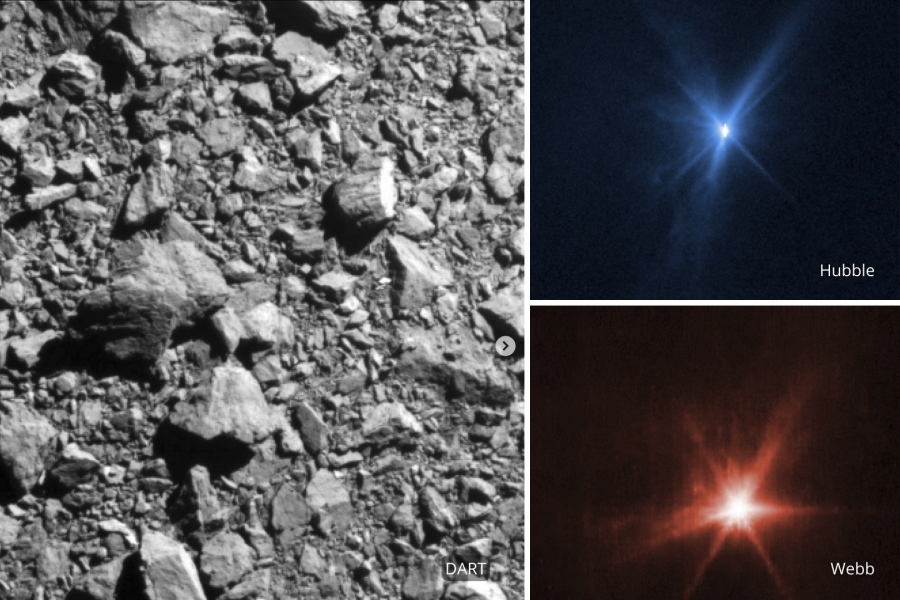 This combination of images provided by NASA shows three different views of the DART spacecraft impact on the asteroid Dimorphos on Monday, Sept. 26, 2022. At left is the view from a forward camera on DART, upper right the Hubble Space Telescope and lower right the James Webb Space Telescope.