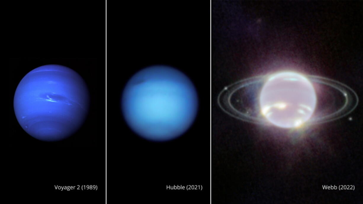 This composite image provided by NASA on Wednesday, Sept. 21, 2022, shows three side-by-side images of Neptune. From left, a photo of Neptune taken by Voyager 2 in 1989, Hubble in 2021, and Webb in 2022. In visible light, Neptune appears blue due to small amounts of methane gas in its atmosphere. Webb's Near-Infrared Camera instead observed Neptune at near-infrared wavelengths, where Neptune resembles a pearl with thin, concentric oval rings.