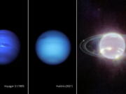 This composite image provided by NASA on Wednesday, Sept. 21, 2022, shows three side-by-side images of Neptune. From left, a photo of Neptune taken by Voyager 2 in 1989, Hubble in 2021, and Webb in 2022. In visible light, Neptune appears blue due to small amounts of methane gas in its atmosphere. Webb's Near-Infrared Camera instead observed Neptune at near-infrared wavelengths, where Neptune resembles a pearl with thin, concentric oval rings.