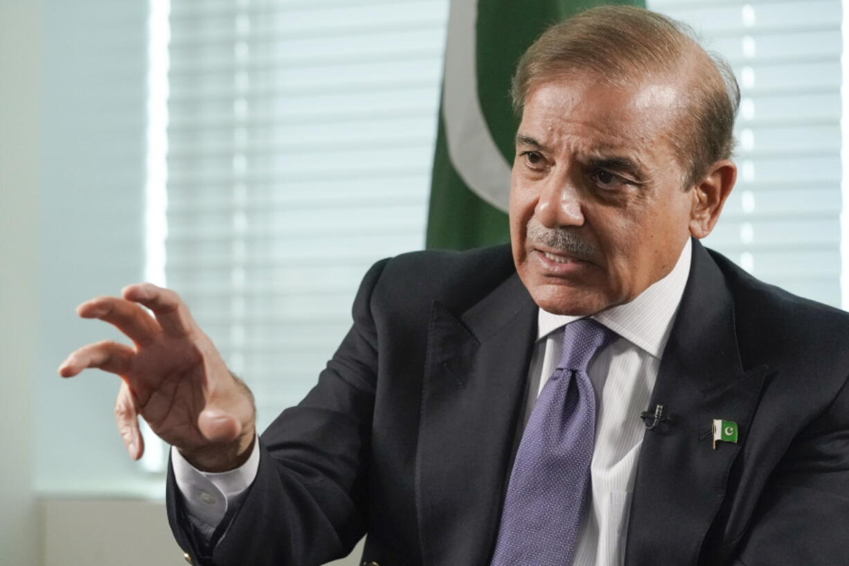 Prime Minister of Pakistan Shehbaz Sharif ponders a question during an interview with The Associated Press, Thursday, Sept. 22, 2022 at United Nations headquarters.