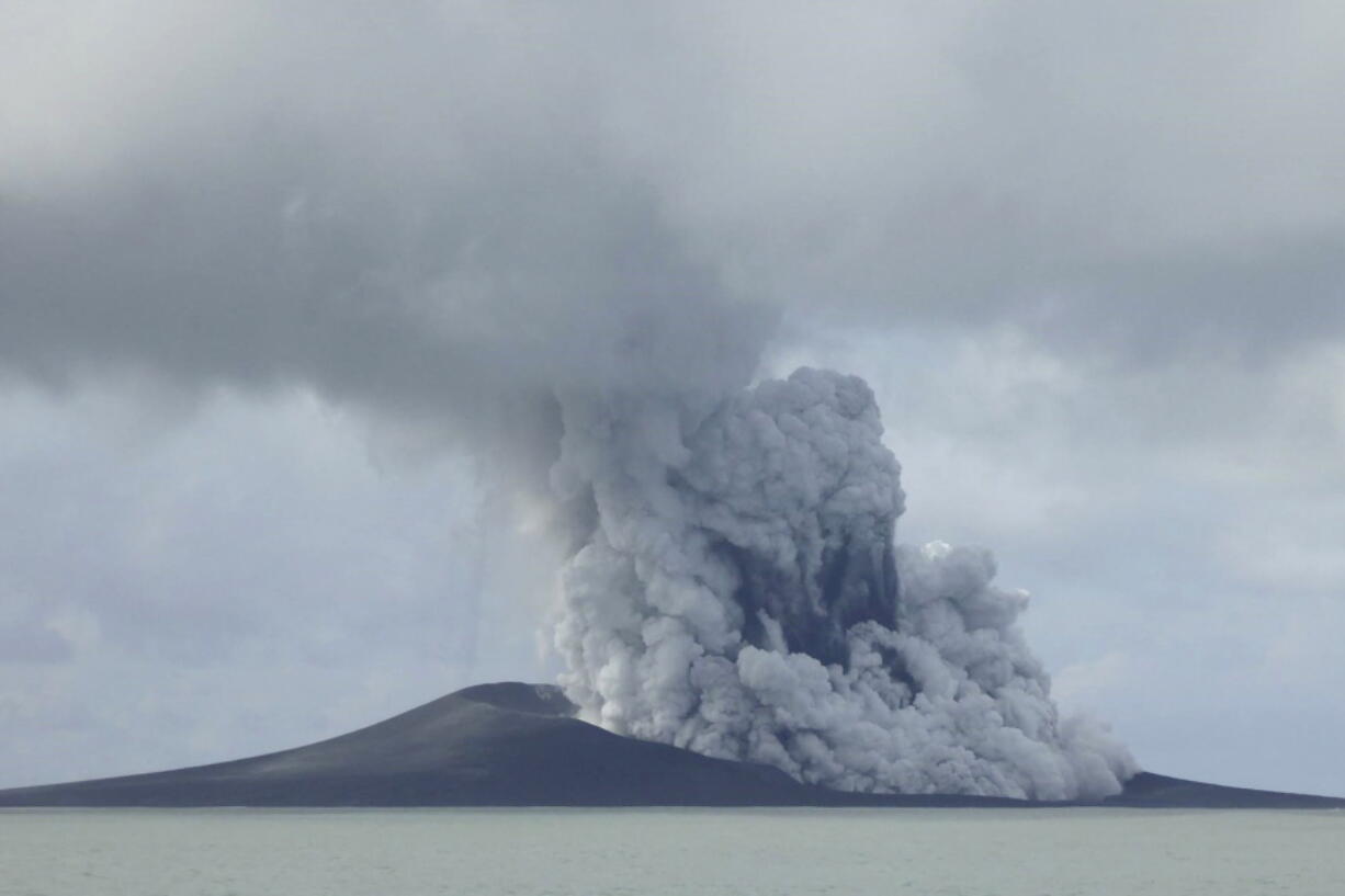 The Hunga Tonga-Hunga Ha'apai volcano erupts near Tonga in the South Pacific Ocean on Jan. 14, 2015. The volcano shot millions of tons of water vapor high up into the atmosphere, according to a study published Thursday in the journal Science.