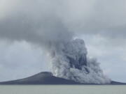 The Hunga Tonga-Hunga Ha'apai volcano erupts near Tonga in the South Pacific Ocean on Jan. 14, 2015. The volcano shot millions of tons of water vapor high up into the atmosphere, according to a study published Thursday in the journal Science.