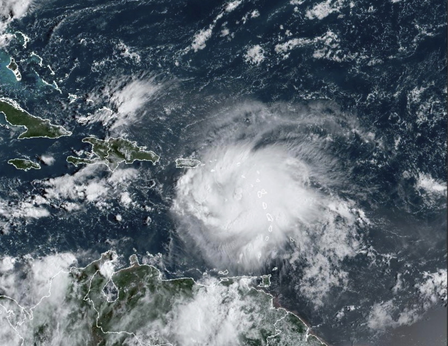 This satellite image provided by NOAA shows Tropical Storm Fiona in the Caribbean on Saturday, Sept. 17, 2022.