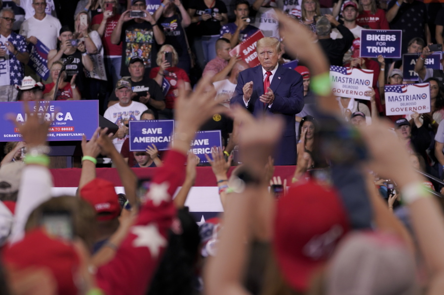 FILE - Former President Donald Trump speaks at a rally in Wilkes-Barre, Pa., Sept. 3, 2022.
