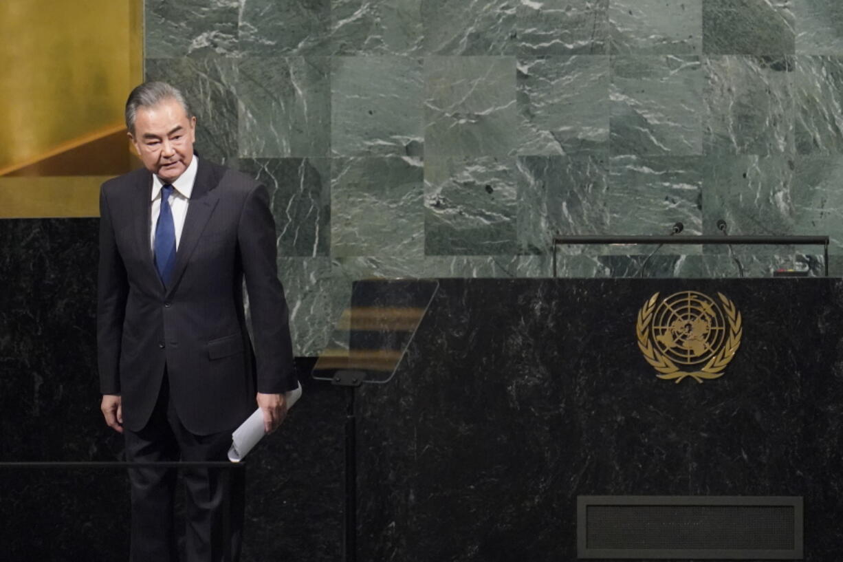 Foreign Minister of China Wang Yi acknowledges the audience applause after addressing the 77th session of the United Nations General Assembly, Saturday, Sept. 24, 2022 at U.N. headquarters.
