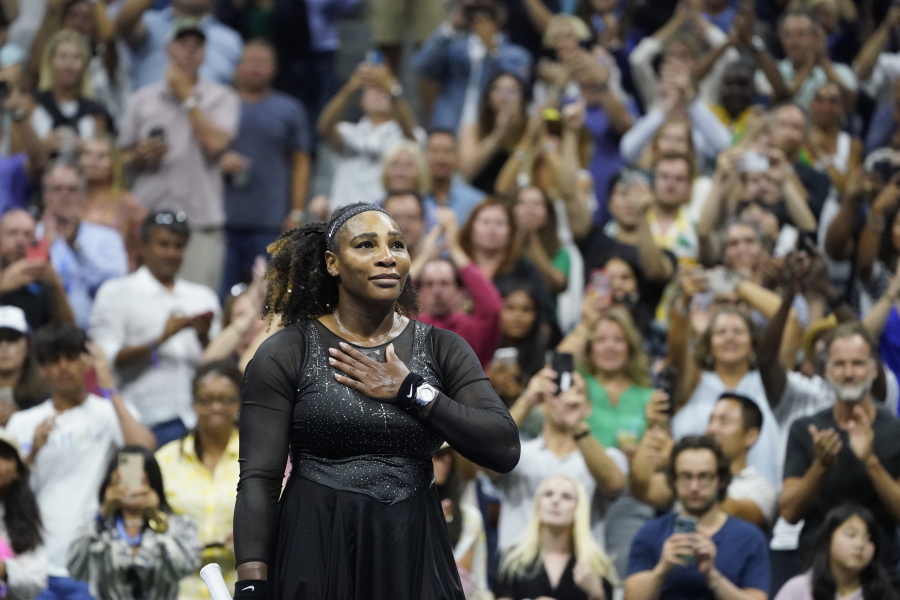 Serena Williams, of the United States, acknowledges the crowd after losing to Ajla Tomljanovic, of Austrailia, during the third round of the U.S. Open tennis championships, Friday, Sept. 2, 2022, in New York.