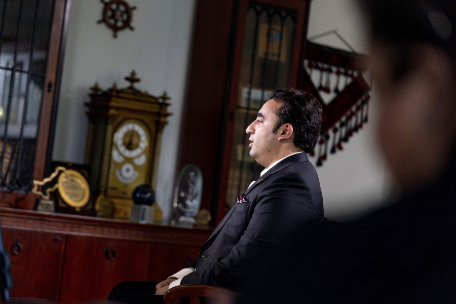 Pakistani Foreign Minister Bilawal Bhutto Zardari speaks during an interview with the Associated Press at the Pakistan Embassy, in Washington, Tuesday, Sept. 27, 2022.