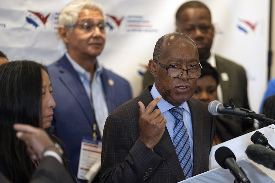 Houston Mayor Sylvester Turner speaks during a news conference about voting rights Tuesday, Sept. 20, 2022, in Houston. The National Nonpartisan Conversation on Voting Rights is holding meetings and seminars in Houston Tuesday and Wednesday. (AP Photo/David J.