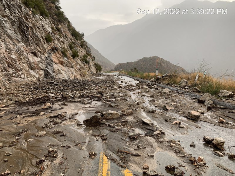 This Monday afternoon, Sept. 12, 2022, image released by Caltrans District 8 shows mudslides that closed part of Highway SR-38 in the San Bernardino Mountains, Calif. The mud flows and flash flooding occurred in parts of the San Bernardino Mountains where there are burn scars, areas where there's little vegetation to hold the soil, from the 2020 wildfires.