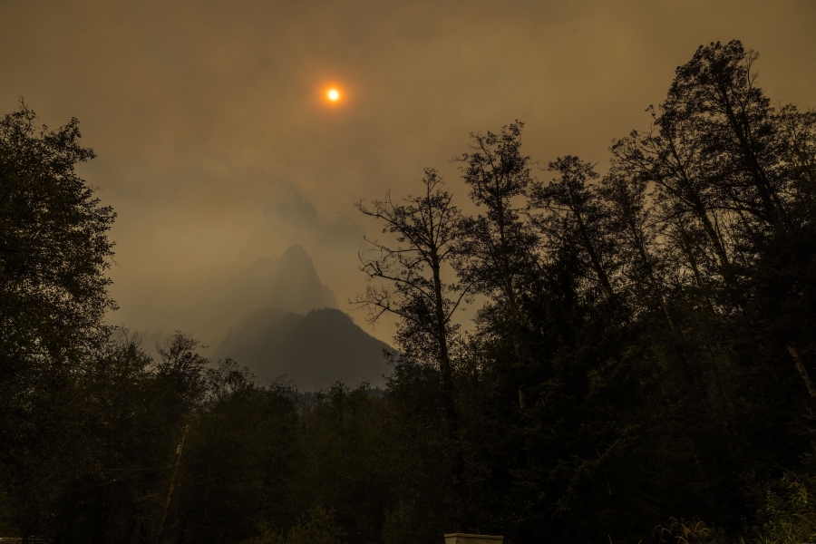 Mount Index is obscured by wildfire smoke from the Bolt Creek Fire Saturday, Sept. 10, 2022.