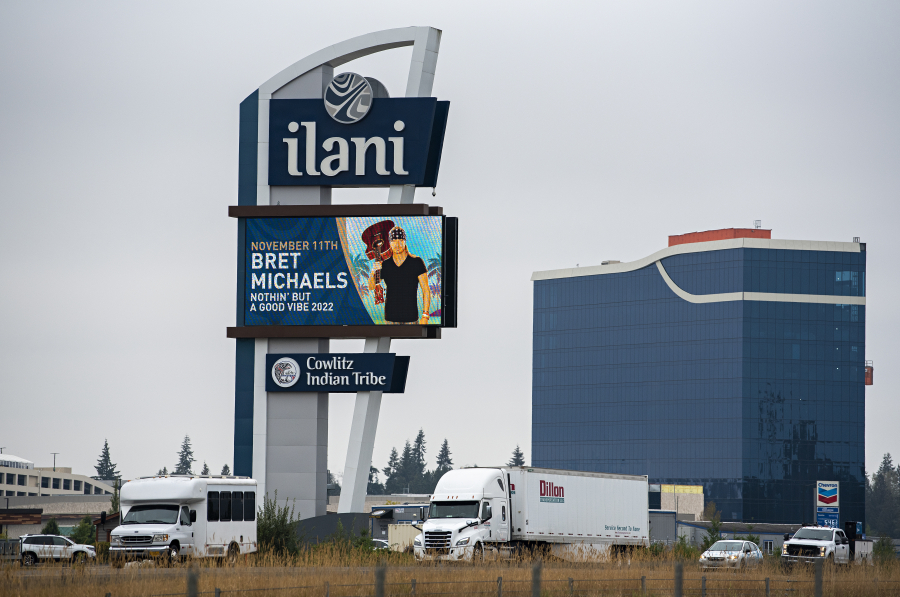 Traffic travels south on Interstate 5 as the new ilani hotel that is currently under construction continues to take shape near La Center. The hotel will have nearly 300 guest rooms.
