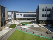 The courtyard area of the new Mountain View High School building is seen during the final stages of construction earlier this summer. Whistleblowers allege that Evergreen skipped steps in surplussing old goods from the district's Career and Technical Education program that were funded by taxpayer money.