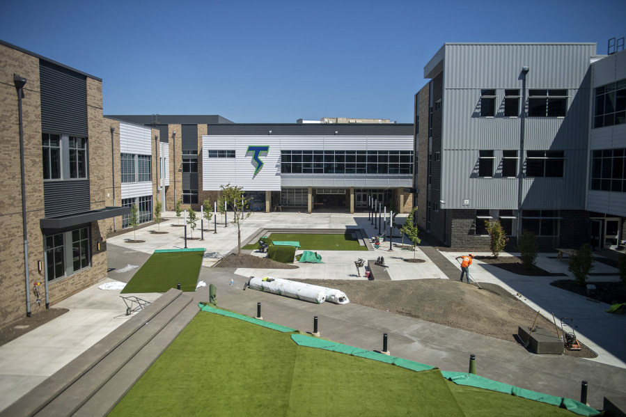 The courtyard area of the new Mountain View High School building is seen during the final stages of construction earlier this summer. Whistleblowers allege that Evergreen skipped steps in surplussing old goods from the district's Career and Technical Education program that were funded by taxpayer money.