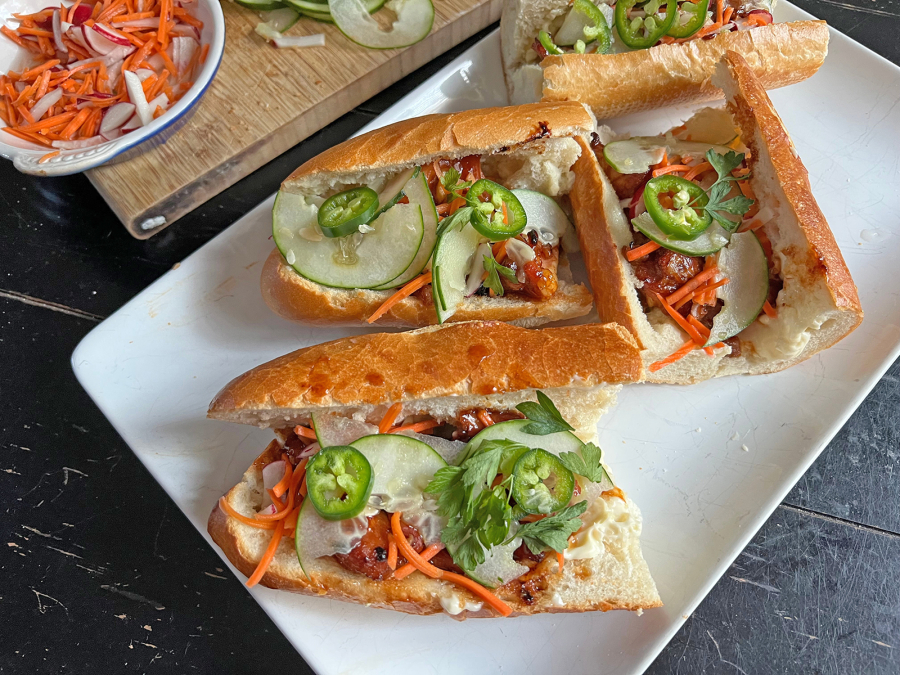 Served on a hollowed-out baguette, a chicken bahn mi is one of Vietnam's most famous street foods.