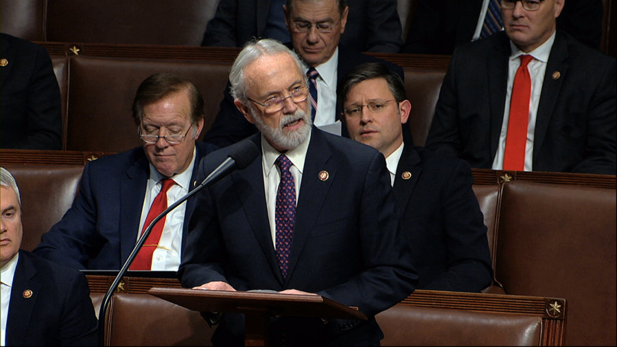 FILE - Rep. Dan Newhouse, R-Wash., speaks as the House of Representatives debates the articles of impeachment against President Donald Trump at the Capitol in Washington on Dec. 18, 2019. Newhouse was one of 10 Republicans who voted to impeach Trump last year, and is one of only two to beat back GOP challengers this year.