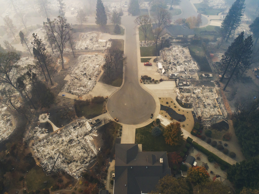PARADISE, CA - NOVEMBER 15: Aerial footage shows homes destroyed by the Camp Fire near the Paradise Plaza off Clark Road in Paradise, California, on Thursday, November 15, 2018.