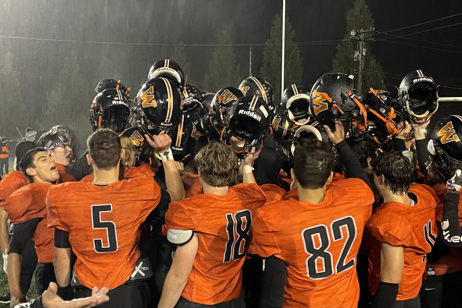 Washougal players celebrate on the field after defeating Hockinson and finishing 7-0 in the 2A Greater St. Helens League on Oct. 28, 2022, at Fishback Stadium in Washougal.