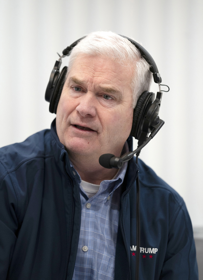 In this photo from February 11, 2020, Rep. Senator Tom Emmer (R-Minnesota 6th) talks with Sirius XM P.O.T.U.S host Tim Farley about the 2020 New Hampshire Democratic Primary Live on-air at the DoubleTree by Hilton in Manchester, New Hampshire.