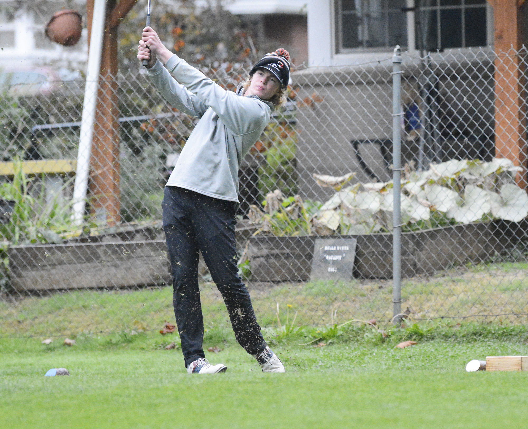 Centralia’s Von Wasson hits his tee shot on the No. 5 hole at Orchard Hills Golf Club in Washougal during a playoff at the Class 2A District 4 golf tournament on Tuesday, Oct.