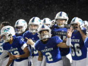 Mountain View players celebrate after clinching a playoff berth during the 3A Greater St. Helens League tiebreaker at Doc Harris Stadium on Monday, Oct. 31, 2022.