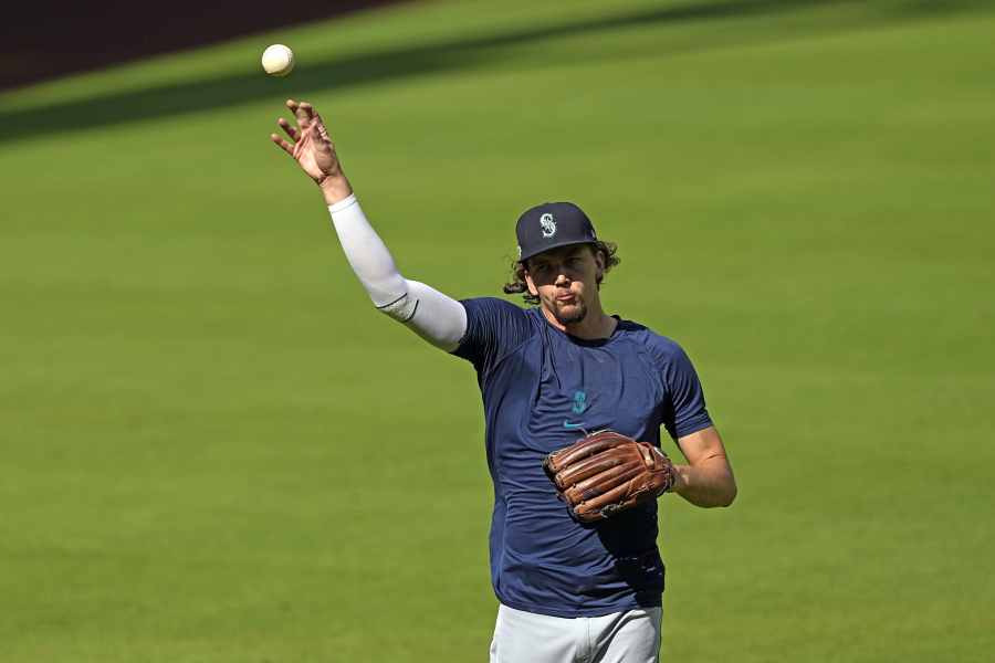 Seattle Mariners starting pitcher Logan Gilbert throws during a workout ahead of Game 1 of baseball's American League Division Series, Monday, Oct. 10, 2022, in Houston. The Mariners will play the Houston Astros Tuesday. (AP Photo/David J.