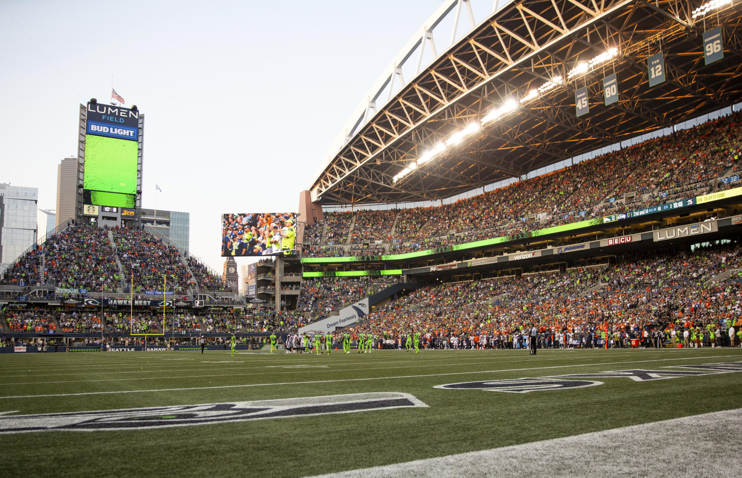 A general view of Lumen Field during the second half of an NFL football game between the Seattle Seahawks and the Denver Broncos, Monday, Sept. 12, 2022, in Seattle. The Seahawks beat the Broncos 17-16.