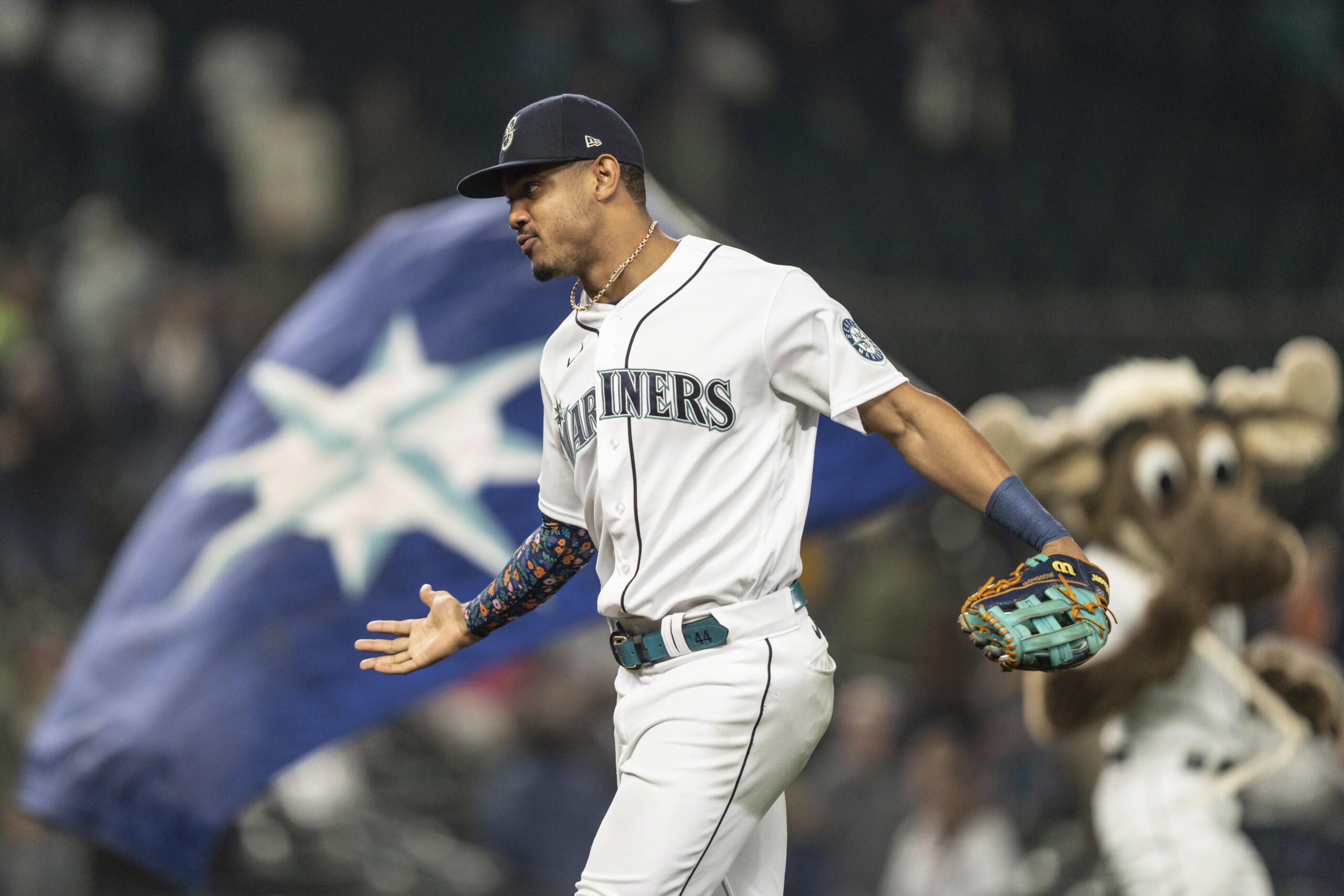 Seattle Mariners' Julio Rodriguez celebrates after the second baseball game of the team's baseball doubleheader against the Detroit Tigers, Tuesday, Oct. 4, 2022, in Seattle. The Mariners won 9-6.
