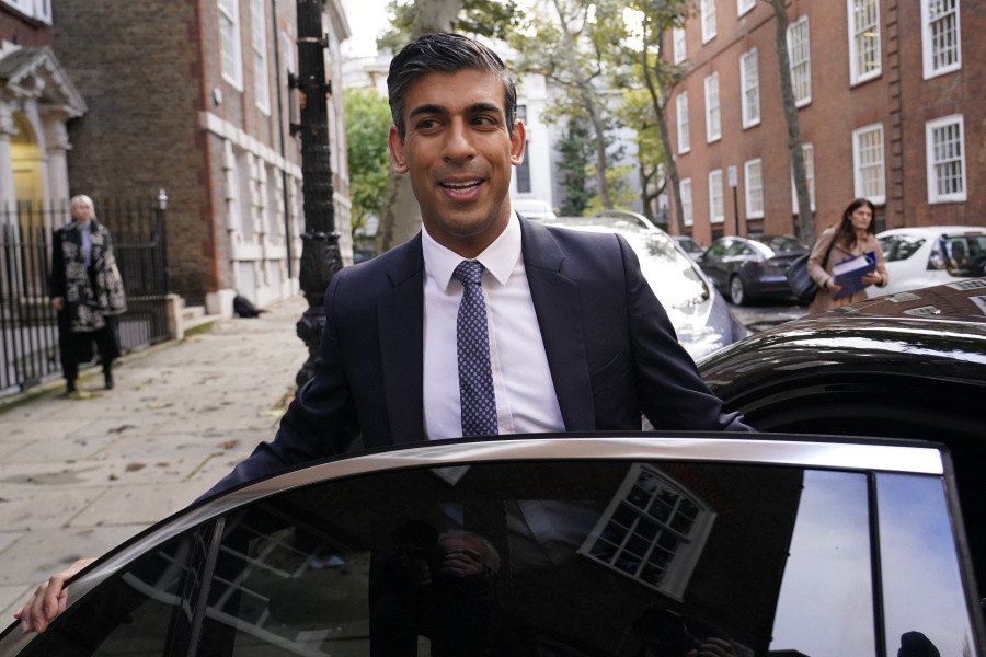 Conservative Party leadership candidate Rishi Sunak leaves the campaign office in London, Monday, Oct. 24, 2022. Former British Treasury chief Rishi Sunak is frontrunner in the Conservative Party's race to replace Liz Truss as prime minister.