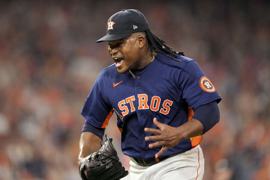 Houston Astros starting pitcher Framber Valdez celebrates a double play to end the top of the sixth inning in Game 2 of baseball's World Series between the Houston Astros and the Philadelphia Phillies on Saturday, Oct. 29, 2022, in Houston. (AP Photo/David J.