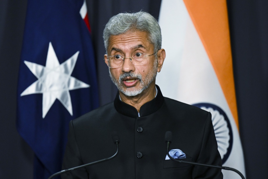 India's External Affairs Minister Subramanyam Jaishankar speaks during a press conference after a bilateral meeting at Parliament House in Canberra, Australia, Monday, Oct. 10, 2022. Jaishankar said Russia's war on Ukraine "does not serve the interests of anybody," but declined to say whether his government would support a United Nations General Assembly motion condemning Moscow's annexation of Ukrainian territories.