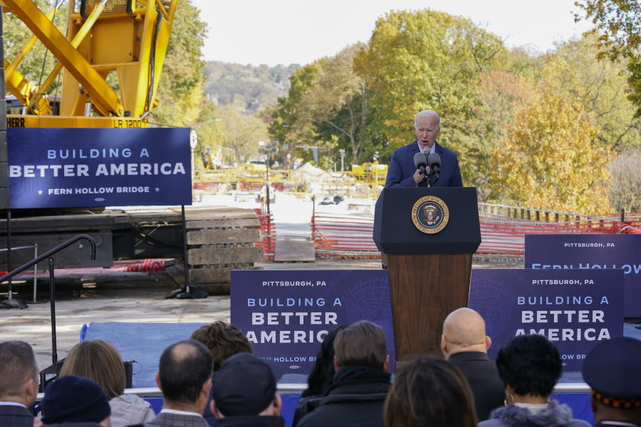 President Joe Biden speaks about his infrastructure agenda at Fern Hollow Bridge in Pittsburgh, Thursday, Oct. 20, 2022.