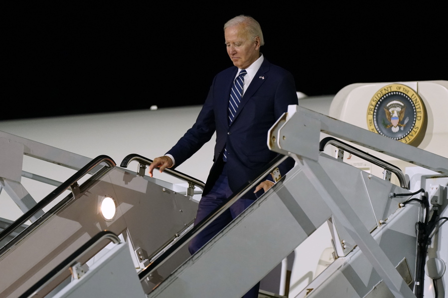 President Joe Biden arrives on Air Force One at Delaware Air National Guard Base in New Castle, Del., Thursday, Oct. 27, 2022.