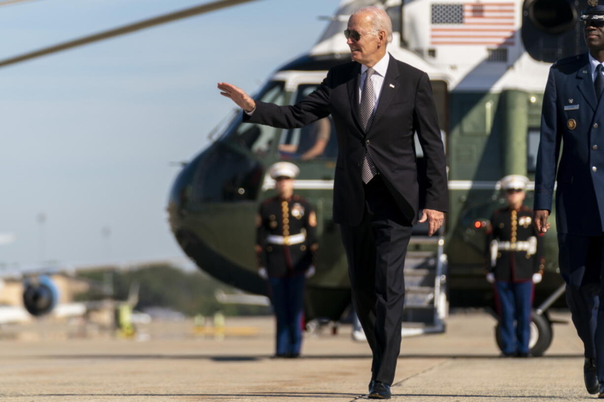 President Joe Biden boards Air Force One at Andrews Air Force Base, Md., Thursday, Oct. 6, 2022, to travel to Poughkeepsie, N.Y.