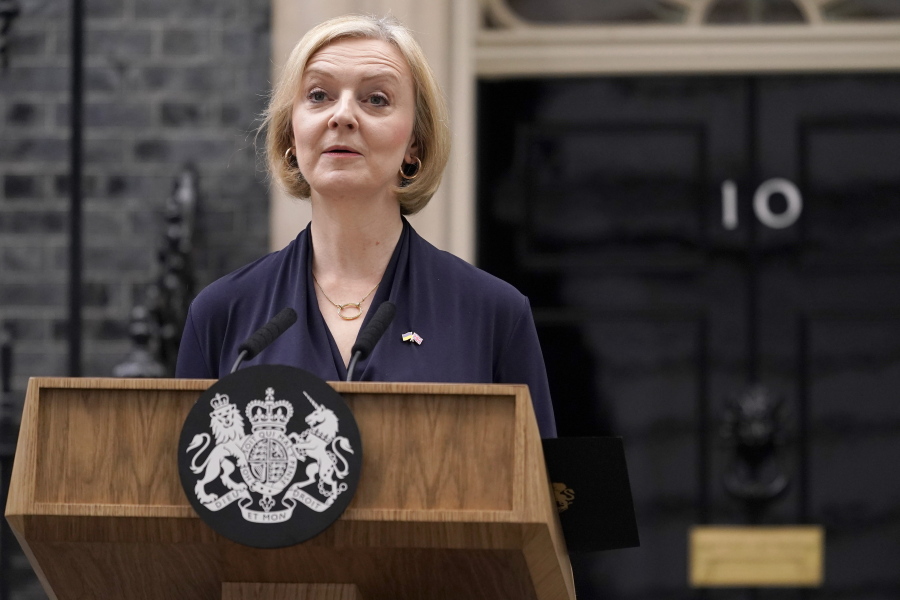 Britain's Prime Minister Liz Truss addresses the media in Downing Street in London, Thursday, Oct. 20, 2022. Truss says she resigns as leader of UK Conservative Party.