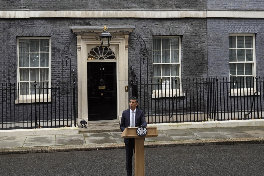 British Prime Minister Rishi Sunak delivers a speech at 10 Downing Street in London, Tuesday, Oct. 25, 2022. New British Prime Minister Rishi Sunak arrived at Downing Street Tuesday after returning from Buckingham Palace where he was invited to form a government by Britain's King Charles III.