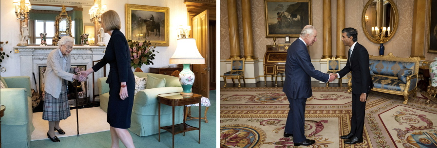 In this two-picture combo, photo at left; Britain's Queen Elizabeth II welcomes Liz Truss during an audience at Balmoral, Scotland, where she invited the newly elected leader of the Conservative party to become Prime Minister and form a new government, Tuesday, Sept. 6, 2022, and Britain's King Charles III welcomes Rishi Sunak, newly elected leader of the Conservative Party, to become Prime Minister and form a new government, Tuesday, Oct. 25, 2022.