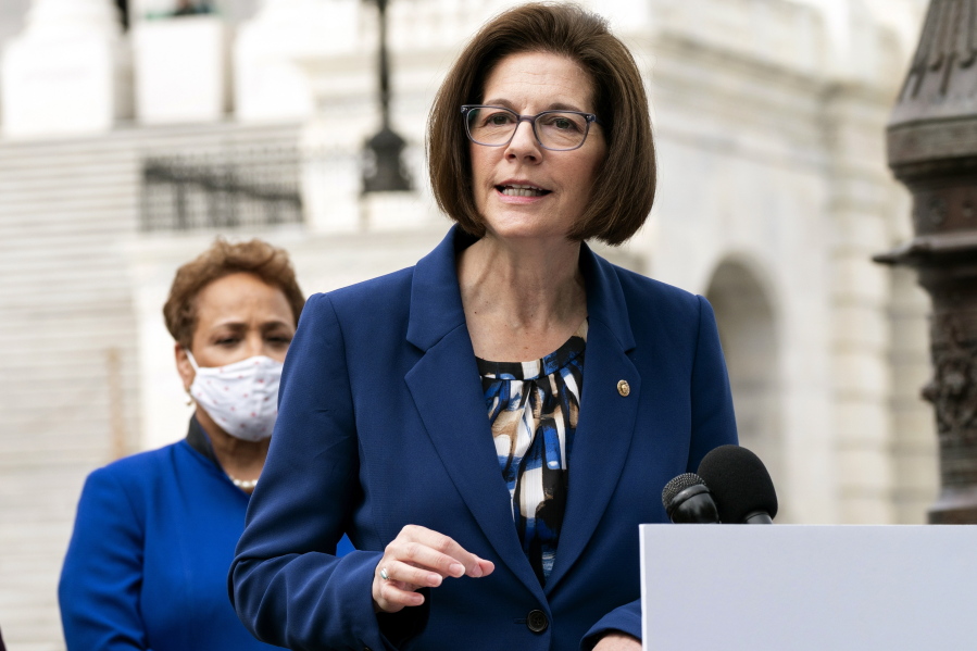 FILE - Sen. Catherine Cortez Masto, D-Nev., who is running for reelection, speaks about prescription drug prices during a news conference on April 26, 2022, on Capitol Hill in Washington.  Cortez Masto faces Republican challenger Adam Laxalt in the November election.