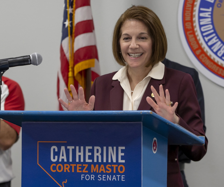 FILE - Sen. Catherine Cortez Masto, D-Nev., speaks during her reelection campaign kick-off event at the IBEW Local 401 office in Reno, Nevada, on March 14, 2022. Cortez Masto faces Republican challenger Adam Laxalt in the November election.  (Tom R.