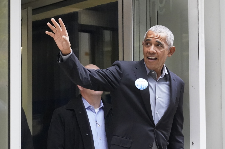 FILE - Former President Barack Obama waves to the crowd after casting his ballot at an early voting site on Oct. 17, 2022, in Chicago. The former President endorsed North Carolina U.S. Senate candidate Cheri Beasley in a new campaign ad Tuesday, Oct. 25, as Democrats zero in on the southern swing state as one of the few where they could flip a seat in the deadlocked chamber.