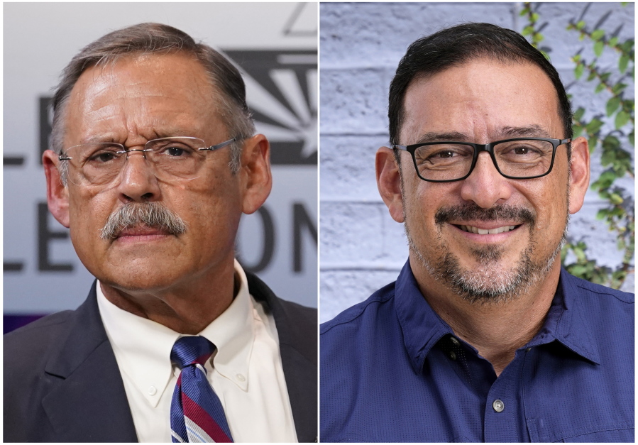 This combination of photos shows Arizona Republican Secretary of State candidate Mark Finchem on Sept. 22, 2022, in Phoenix, left, and Adrian Fontes, Democratic Secretary of State candidate on July 29, 2022, in Phoenix.