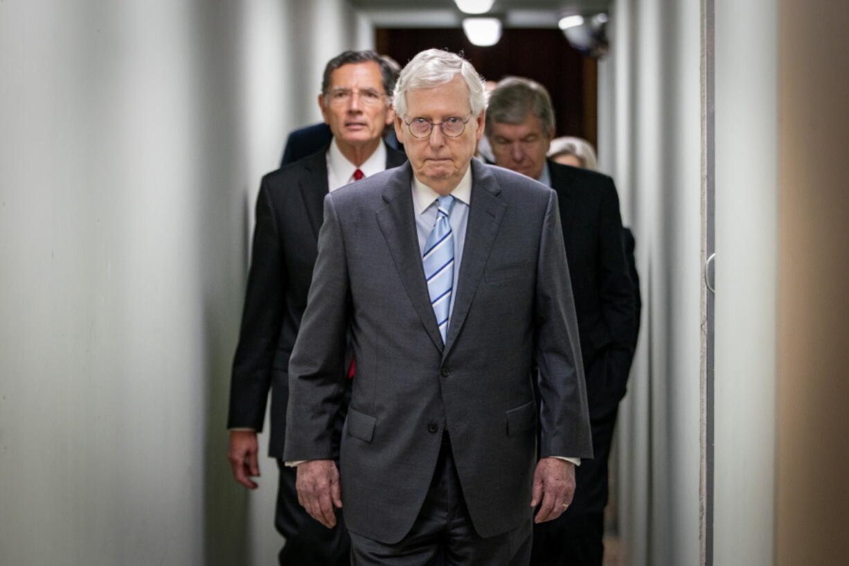 FILE - Senate Minority Leader Mitch McConnell, of Ky., arrives to speak to reporters Sept. 7, 2022, ahead of a news conference on Capitol Hill in Washington. As the midterm campaign speeds into its final full month, leading Republicans believe the Senate majority remains firmly within their reach. Democratic strategists privately concede that the GOP's mounting challenges may not be enough to overcome their own shortcomings.