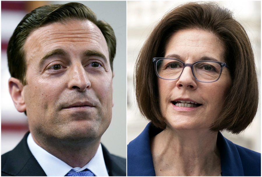 FILE - This combination of photos shows Nevada Republican Senate candidate Adam Laxalt speaking on Aug. 4, 2022, in Las Vegas, left, and Sen. Catherine Cortez Masto, D-Nev., speaking on April 26, 2022, in Washington, right. Democratic U.S. Sen. Catherine Cortez Masto faces Republican challenger Adam Laxalt in a race the national GOP considers one of its best opportunities to turn a blue Senate seat red.