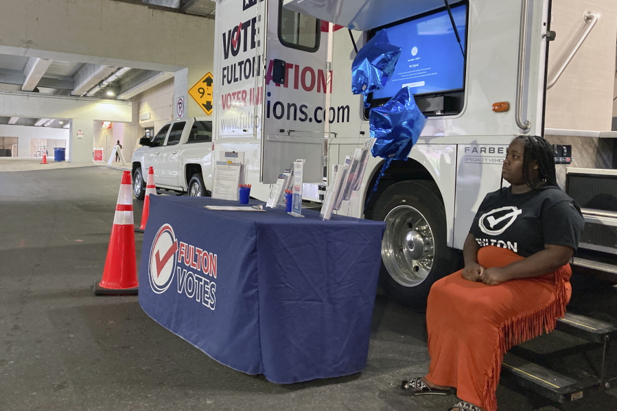 A Fulton County mobile voting unit is seen on Oct. 11, 2022, in Atlanta. The unit was was out to register voters and educate them about changes in voting law.