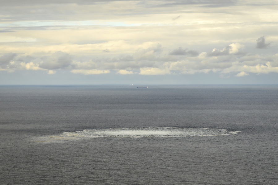 In this photo provided by the Armed Forces of Denmark, a view the disturbance in the water above the gas leak,  in the Baltic Sea, Thursday, Sept. 29, 2022. Following the suspected sabotage this week of the Nord Stream 1 and 2 pipelines that carry Russian natural gas to Europe, there were two leaks off Sweden, including a large one above North Stream 1, and a smaller one above North Stream 2.
