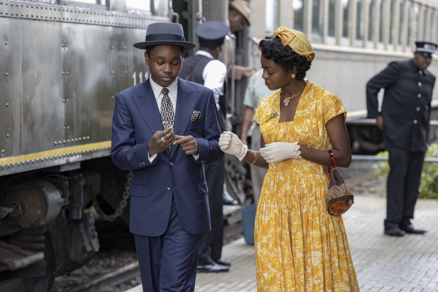 This image released by Orion Pictures shows Jalyn Hall as Emmett Till, left, and Danielle Deadwyler as Mamie Till-Mobley in "Till." (Lynsey Weatherspoon/Orion Pictures via AP) (Orion Pictures)