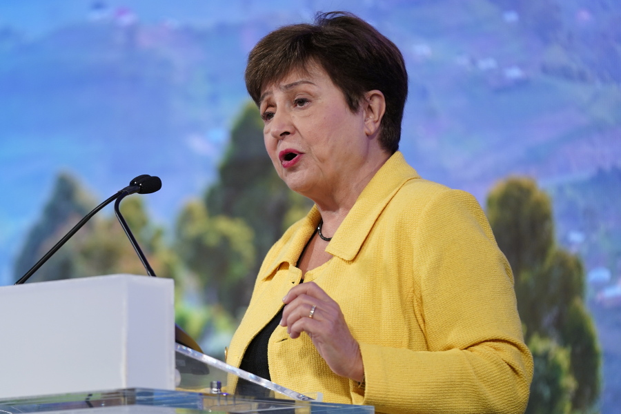 International Monetary Fund managing director Kristalina Georgieva speaks before introducing a panel discussion at the 2022 Annual Meetings of the International Monetary Fund and the World Bank Group, Monday, Oct. 10, 2022, in Washington.