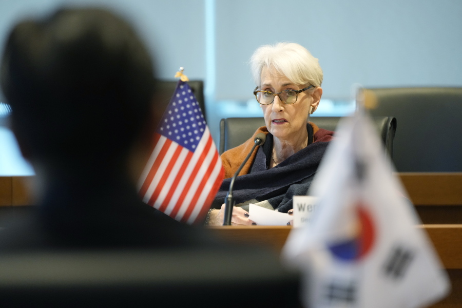 U.S. Deputy Secretary of State Wendy Sherman speaks during a talk with her counterpart, South Korean First Vice Foreign Minister Cho Hyundong, at the South Korean Embassy in Tokyo, Tuesday, Oct. 25, 2022.