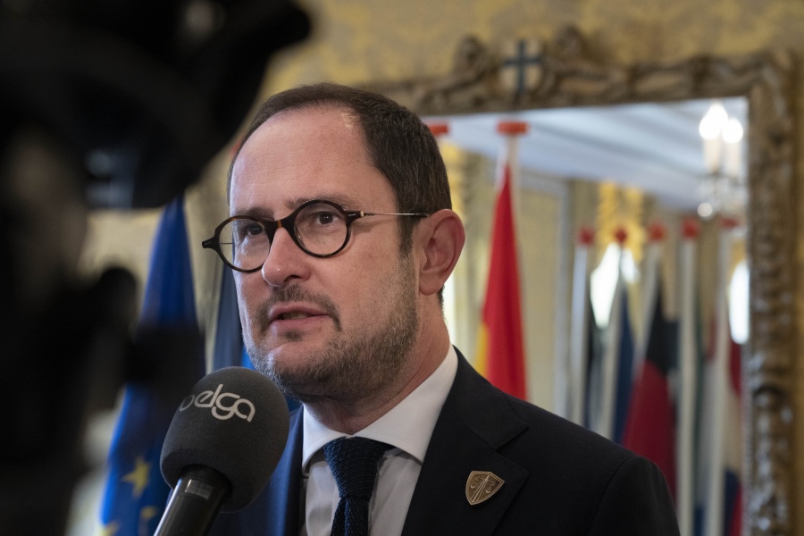 Belgium's Justice Minister Vincent Van Quickenborne is interviewed in Amsterdam, Netherlands, Friday, Oct. 7, 2022, after ministers and delegates from six European nations met to discuss ways of stepping up the fight against organized crime that they warn is undermining society.
