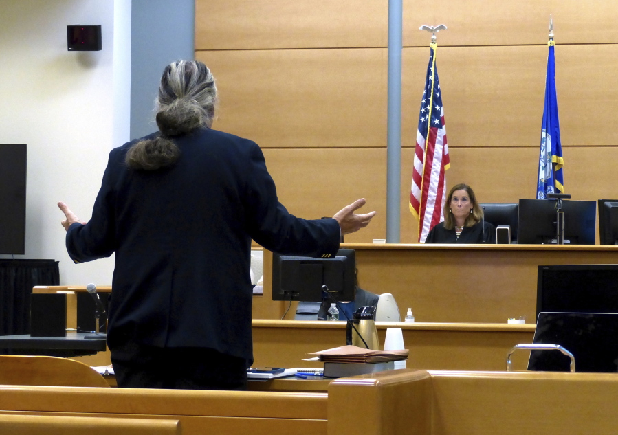 Attorney Norm Pattis, representing Alex Jones, speaks to Judge Barbara Bellis during the Alex Jones Sandy Hook defamation damages trial at Connecticut Superior Court in Waterbury, Conn., Tuesday, Oct. 4, 2022.